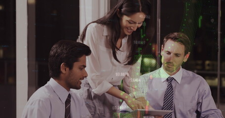 Image of data processing over diverse business people talking