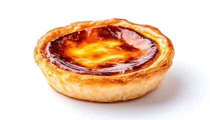 A single, freshly baked egg tart with a flaky crust and a rich custard filling