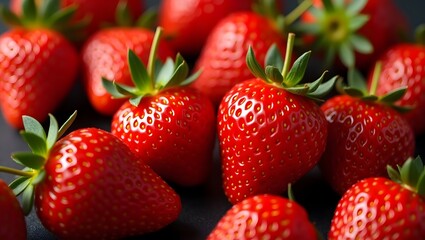 A close up shot of a pile of fresh ripe strawberries with green stems on a dark background surface
