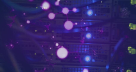 Image of molecules floating over servers