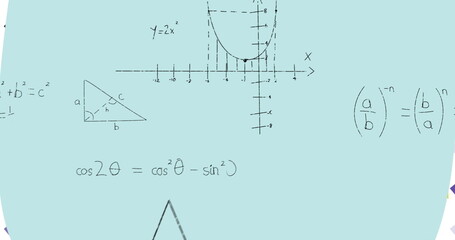 Image of mathematical equations moving over blue background
