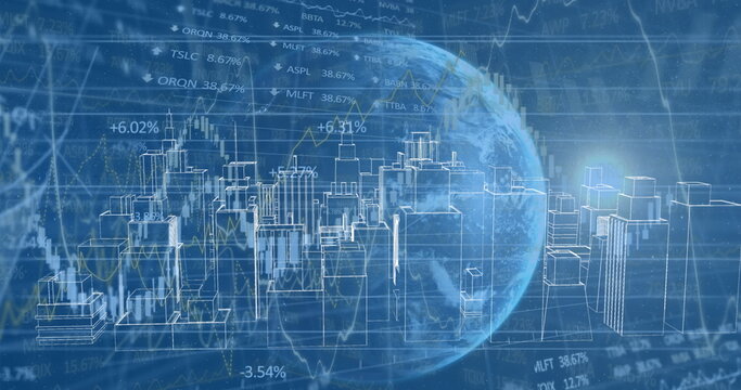Image of globe and financial data processing over 3d cityscape drawing