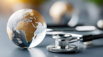 Stethoscope lies next to a globe on a blue background, symbolizing the importance of health awareness and global wellness during World Health Day, inviting reflection and action.