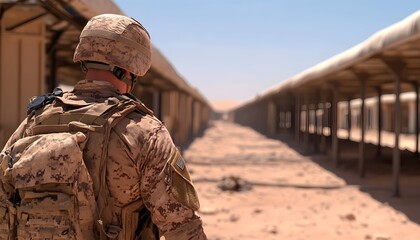 A soldier in desert camouflage walks through a deserted military base