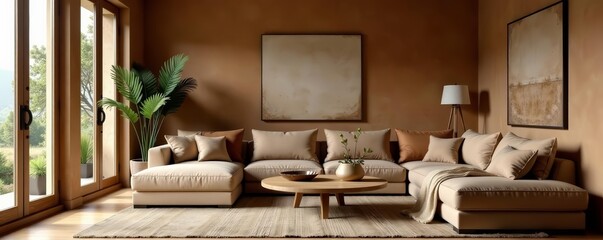Rustic living room with mocha mousse walls and cozy furniture, home, living room
