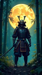 Samurai warrior in armor standing stoically in bamboo forest under full moon, background, bushido, armor