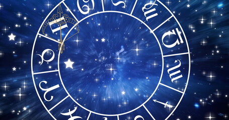 Image of horoscope symbols over stars and space