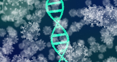 Image of dna strand spinning and covid 19 cells floating over blue background