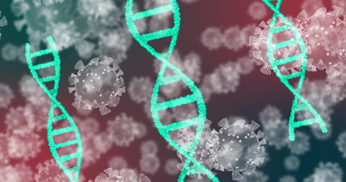 Image of dna strands and virus cells on black background