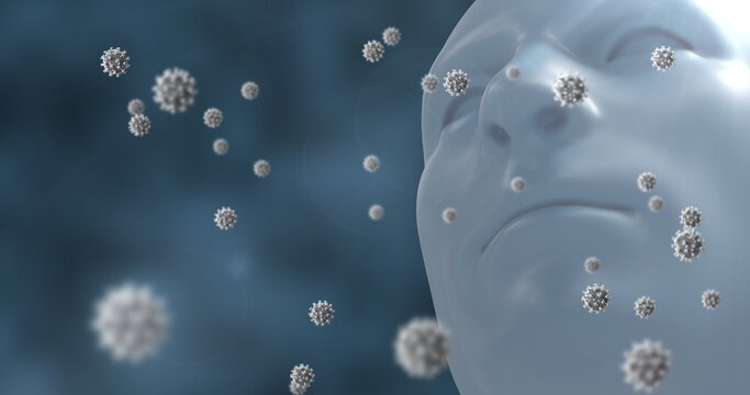 Covid-19 cells floating over human head model against blue background