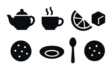 Tea time silhouette icon set &ndash; solid style tea, coffee, and snack symbols for beverage themes: teapot, coffee cup, lemon slice, sugar cube, cookie, spoon, plate.