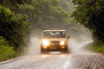 Car navigates through heavy rain on a secluded countryside road with lush greenery surrounding the pathway