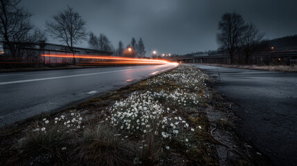 A long exposure captures the mesmerizing light trails of passing vehicles on a wet road lined with small white flowers under a moody, overcast sky at twilight.