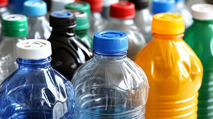 Close up of plastic bottles with colorful caps representing recycling and environmental awareness concept