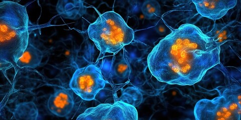 Microscopic view of cells with branching structures, glowing orange areas in blue-green bodies, dark blue background.