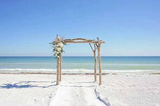 A romantic beach wedding background with waves in the distance, white sand, and a driftwood arch for an intimate seaside ceremony