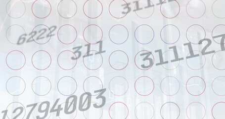 Image of financial data processing over shapes on white background