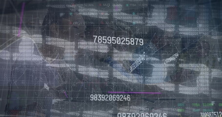 Image of network of connections and data processing over diverse business people in office