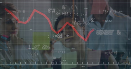 Image of financial data processing over diverse business people in office