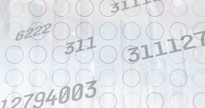 Image of financial data processing over shapes on white background - Powered by Adobe