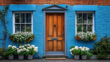 Charming Blue House with Wooden Door and Flower Boxes