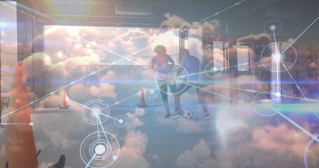 Image of data processing over african american male and female soccer players exercising