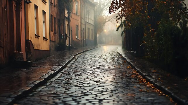 Misty cobblestone street winds through historic buildings.