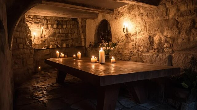 Candlelit Medieval Stone Room: A Mystical Dinner Setting