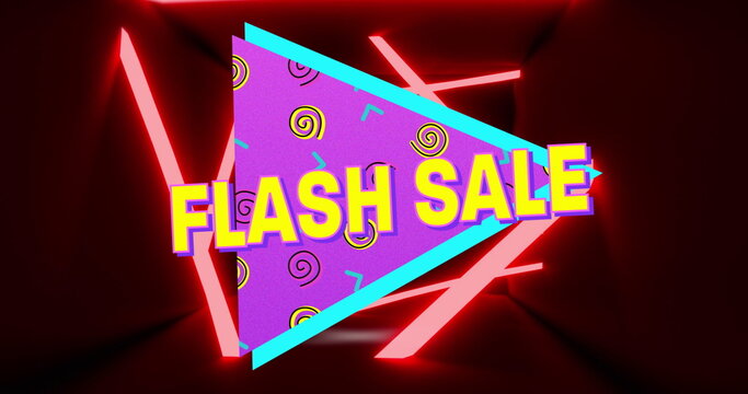 Image of flash sale over triangle with shapes and red background with neon lights - Powered by Adobe
