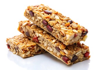Granola Bars Stack: Three delicious granola bars, layered with nuts, seeds, dried fruits, and chocolate chips, create a tempting and nutritious snack.