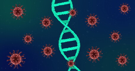 Spinning 3D turquoise DNA helix rotating in microscopic molecular scene, with red spiked viruses