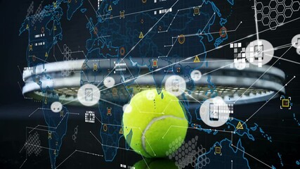 3D render tennis ball hovering before racket while transparent digital overlay mapping global data - Powered by Adobe