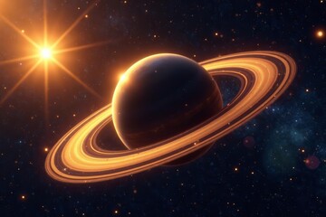 Shining golden planet rings orbiting a pair of dazzling double stars in the cosmos, planets, universe, celestial