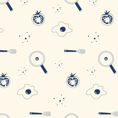 Obraz premium Seamless kitchen pattern with outline frying pan, tomato, egg, fork, and splashes. Minimal cooking-themed background in modern style for packaging, textile, or kitchen decor