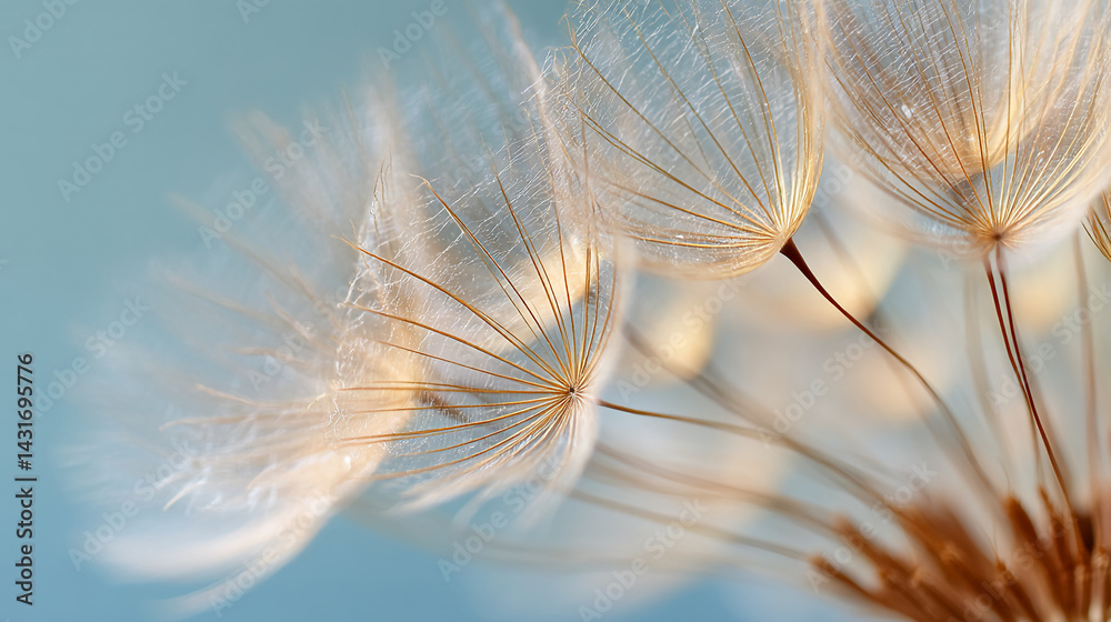 Poster Close-up of delicate dandelion seed heads with intricate structure and translucent texture set against a soft blue background, symbolizing lightness, fragility, and the fleeting nature of time—ideal f