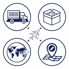 Global Logistics And Delivery Network Icons Airplane Truck Shipping Box Location Pin