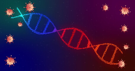 Displaying vibrant DNA double helix spiraling in abstract space, with stylized virus particles