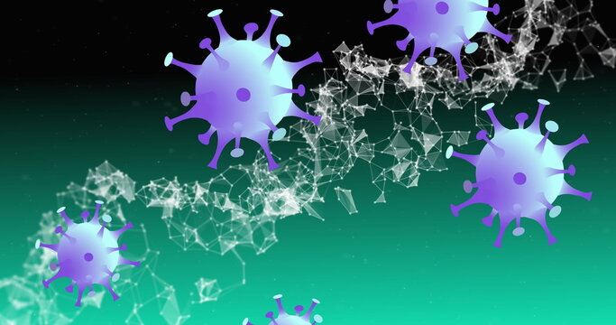 Fototapeta Floating purple-blue virus-like particles drifting over green backdrop featuring white network mesh
