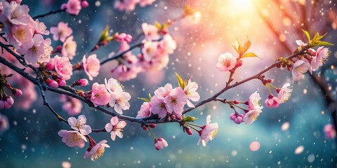 Fototapeta premium Low Light Spring Blossom Tree in Falling Snow - Magical Winter Scene Stock Photo