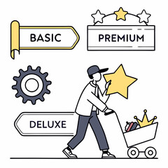 Choosing Subscription Plans Cartoon Illustration Featuring Basic Premium Deluxe Options And Customer