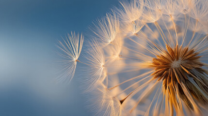Close-up of a dandelion seed head against a blue sky, highlighting its delicate white seeds and brown center, symbolizing lightness, fragility, and the cycle of nature—ideal for serenity or nature-the