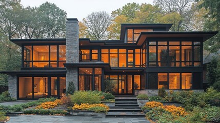 Fototapeta premium Modern Luxury Home in Autumn Setting