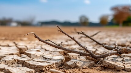 Dried cracked earth reveals resilience of nature with small plants emerging in a challenging desert landscape