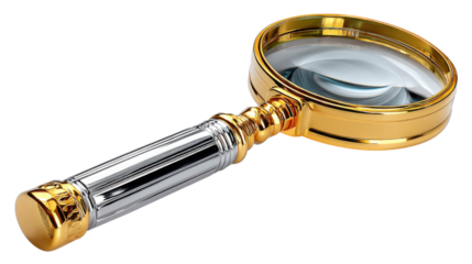 Golden Magnifying Glass: A close-up shot showcasing a luxurious magnifying glass with a golden frame and silver handle, poised to reveal hidden details.