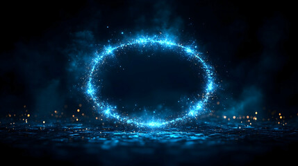 Obraz premium Glowing blue circular light with sparkling particles on dark background