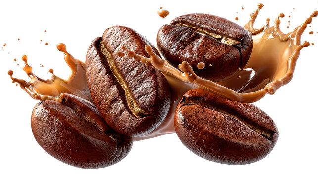 Coffee Bean Splash: Roasted coffee beans suspended in a dynamic splash of rich brown coffee, showcasing the essence of coffee's aroma and flavor.