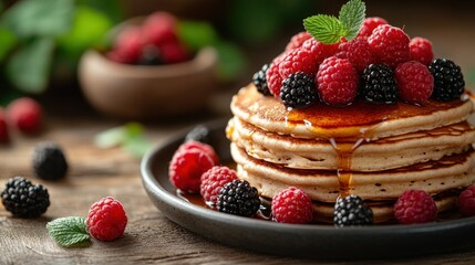 Stacked pancakes topped with fresh berries and syrup
