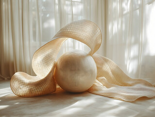 Light beige sphere nestled within a flowing textured fabric drape Sunlit scene