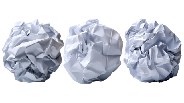 Idea in the Trash: Crumpled paper balls representing the waste of thoughts, ideas, mistakes, and revisions. Capture the struggle with the concept of failure and the rebirth of new concepts.
