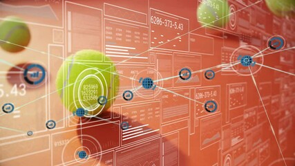 Green tennis ball floating in flat design analytics scene, showing UI panels and network icons - Powered by Adobe